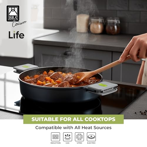 BRA COOKWARE Life Ceramic Nonstick Sauté Pan w/Glass Lid | 11 Inch 2.9 Quart Recycled Aluminum Deep Pan | Dual-Handle Braiser | Ceramic Non-Stick Coating | PFOA Free | All Cooktops & Oven Safe