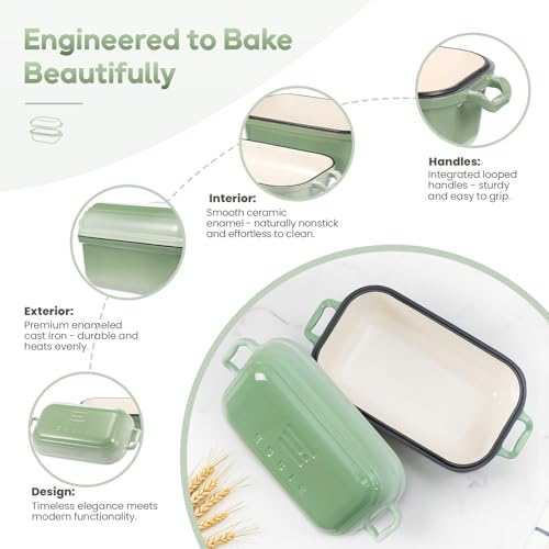 Ryede Enameled Cast Iron Dutch Oven Pot with Lid, Dutch Oven for Sourdough Bread Baking, 10×6 Bread Loaf Pans with Lid for Homemade Bread, Cake, Meatloaf, Oven & Induction Safe (Green, 3.84 QT)