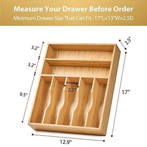 Umilife Bamboo Kitchen Drawer Organizer, 13 Inch Silverware Utensil Tray Holder, Extra Deep Grooved Drawer Divider, 7 Slots Total Bamboo Wood Caddy for Flatware Cutlery Knives, Forks, Spoons