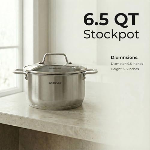 Sunhouse Stock Pot with Lid - 6.5 QT Large Pot for Cooking Pasta, Soup, Spaghetti - Ultra Thick 5-ply Base 18/8 Stainless Steel Pots for Canning, Boiling - Oven Safe & Induction Compatible Cookware