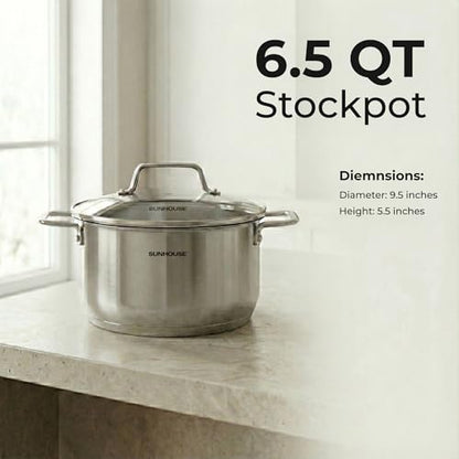 Sunhouse Stock Pot with Lid - 6.5 QT Large Pot for Cooking Pasta, Soup, Spaghetti - Ultra Thick 5-ply Base 18/8 Stainless Steel Pots for Canning, Boiling - Oven Safe & Induction Compatible Cookware