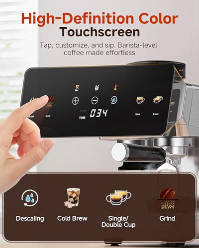AMZCHEF Espresso Machine With Grinder, 190℉-201℉ Temp Control Coffee machine with 44 Grind Setting, Milk Frother, Touch Screen, Cold Brew, Sliver