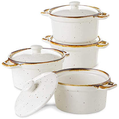 ONEMORE Ramekins with Lids, 12 oz Ceramic Small Casserole Dish with Handles & Brown Rim for Baking Soup, Speckled Oven Safe Mini Dutch Oven Rustic Cocotte Set of 4 for Individual Serving, Creamy White