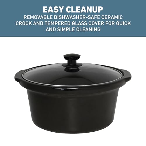 West Bend Slow Cooker 4-Quart Manual Crockery Style with Dishwasher Safe Oval Ceramic Crockpot and Glass Lid Two Temperature Settings Plus Keep Warm, 210-Watts, Black