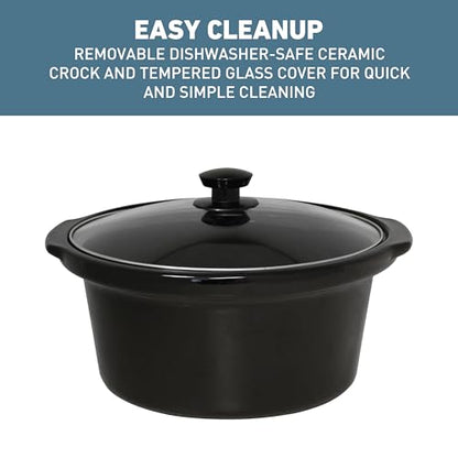 West Bend Slow Cooker 4-Quart Manual Crockery Style with Dishwasher Safe Oval Ceramic Crockpot and Glass Lid Two Temperature Settings Plus Keep Warm, 210-Watts, Black