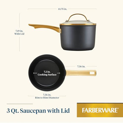 Farberware Forged Induction Ceramic Cookware Nonstick Saucepan with Lid, Dishwasher Safe, Suitable for All Stovetops, 3 Quart Sauce Pan - Black and Gold