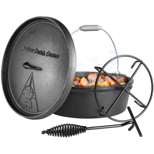 LIFERUN Dutch Oven Pot with Lid, 8 Quart Cast Iron Dutch Oven, without Feet, with Stand & Spiral-shaped Handle, Cast Iron Pot for Outdoor & Indoor