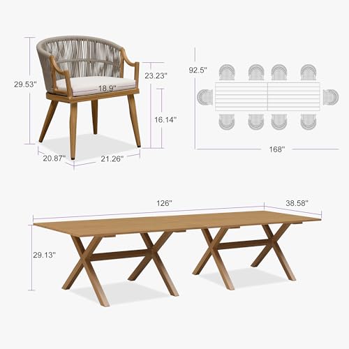 PURPLE LEAF 12 Pieces Outdoor Dining Set All Weather Wicker Patio Dining Set with Rectangular Aluminum Table and Modern Armrest Dining Chairs for Garden Deck Backyard Kitchen, Teak