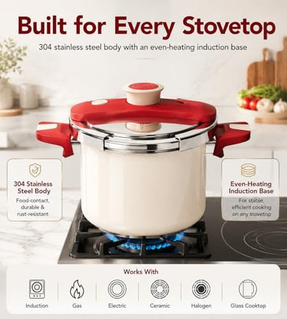 MICHELANGELO Stovetop Pressure Cooker Stainless Steel, 6.3 qt, 304 Stainless Steel, 6-Fold Safety System, One-Hand Easy-Open Lid, 2 Pressure Settings, Steamer Basket & Glass Lid, Induction Compatible