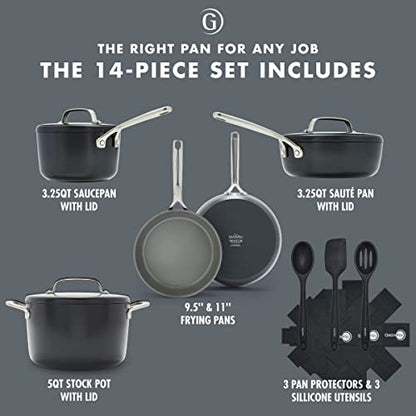 GreenPan GP5 Hard Anodized Healthy Ceramic Nonstick 14 Piece Cookware Pots and Pans Set,Heavy Gauge Scratch Resistant,Stay-Flat Surface, Induction, Mirror Finish Handle,Oven Safe,PFAS-Free,Slate