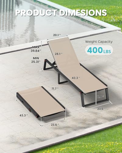 Oasbira Aluminum Chaise Lounge Chair Outdoor, Foldable & No Assembly Patio Pool Lounge Chairs 5-Position Recliner for Outside Poolside, Fully Grounded Legs Sun Lounger for Beach, Yard, Khaki