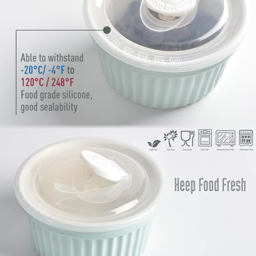 homEdge Porcelain Ramekins Set with Lid, 240 ml / 8 Fl Ounces Ice Cream Bowl, Creme Brûlée Ramekins Soufflé Cup for Baking, Set of 6 Mint Green