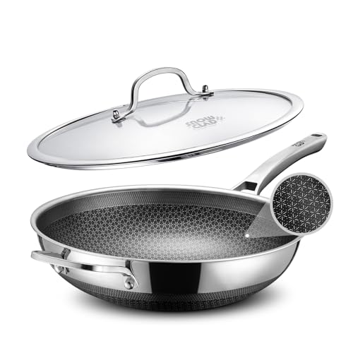 SNOWCLAD Wok, 13 Inch Hybrid Woks & Stir-fry Pans Nonstick, Non Toxic Stainless Steel Wok Pan with Lid, Dishwasher Induction Oven Broiler Safe, PFOA Free Cookware Non Stick