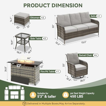 Aoxun 10-Piece Patio Furniture Set with 44” Fire Pit Table, Wicker Rattan Outdoor Sectional Sofa with High Back Swivel Rocker Chairs, Outdoor Patio Furniture Set with Thick Cushions & Ottoman, Grey
