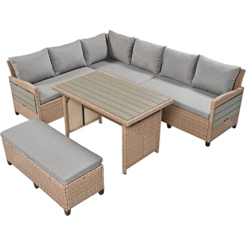 Brabrety Outdoor Patio Furniture Sofa Set, 5-Piece All-Weather Rattan L-Shaped Sectional Sofa Set with 2 Extendable Side Tables, Dining Table for Backyard, Poolside,Garden (Brown/L-Shaped)
