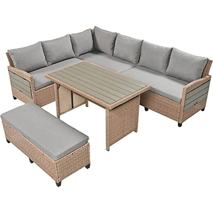 Brabrety Outdoor Patio Furniture Sofa Set, 5-Piece All-Weather Rattan L-Shaped Sectional Sofa Set with 2 Extendable Side Tables, Dining Table for Backyard, Poolside,Garden (Brown/L-Shaped)