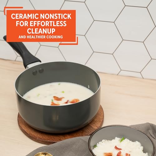 IMUSA Gray Ceramic Saucepan 1.5 Qt with Glass Lid, Nonstick with Cool-Touch Handle, Small Pot for Sauces, Soups, Stews and More