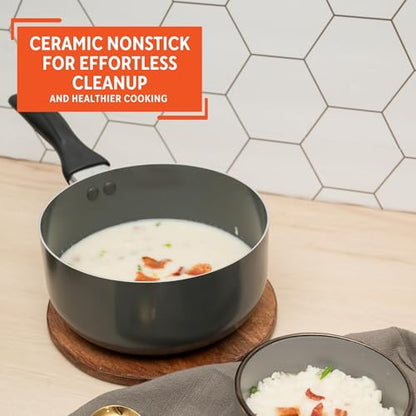 IMUSA Gray Ceramic Saucepan 1.5 Qt with Glass Lid, Nonstick with Cool-Touch Handle, Small Pot for Sauces, Soups, Stews and More