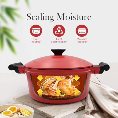 Bobikuke 3 Qt Lightweight Dutch Oven Pot with Lid, Small Aluminum Dutch Oven Nonstick, Cooking Pot for Stew Braise Simmer and Fry, Induction Pots for All Stoves, Stay-Cool Handle, PFOA Free, Red