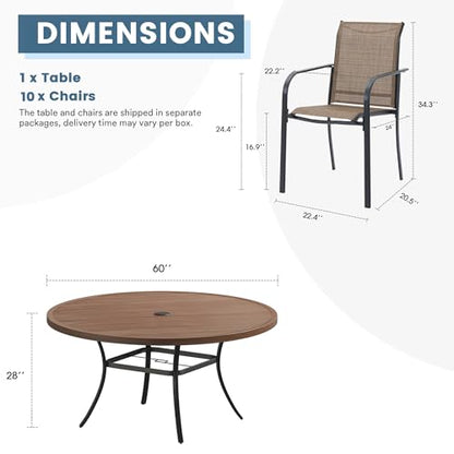 DIFY 11 Pieces Outdoor Patio Dining Set for 10, 60" Walnut Round Metal Dining Table and 10 Brown Stackable Sling Dining Chairs, Outdoor Table and Chairs for Lawn Garden Backyard Deck