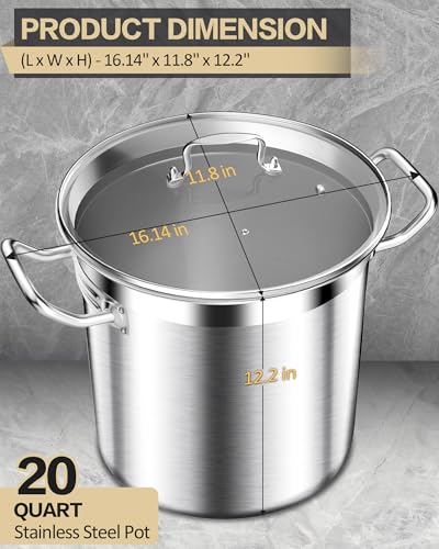 STOCKPOT Stainless Steel 20 Quart Stockpot with Tempered Glass Lid, 3-Ply Base, 8.8 lbs, Polished Finish, Suitable for Stovetop and Oven, Dishwasher Safe