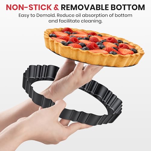 Maywe Tanso Upgraded 9 Inch Tart Pan with Removable Bottom, Non-Stick Deep Fluted Carbon Steel Quiche Pan, Includes Crust Shaper Ring - Quiche Baking Dish Tart Mold for Baking, Party & Festival
