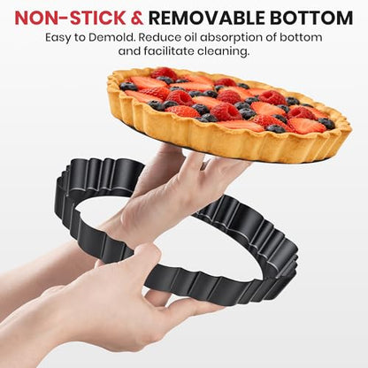 Maywe Tanso Upgraded 9 Inch Tart Pan with Removable Bottom, Non-Stick Deep Fluted Carbon Steel Quiche Pan, Includes Crust Shaper Ring - Quiche Baking Dish Tart Mold for Baking, Party & Festival