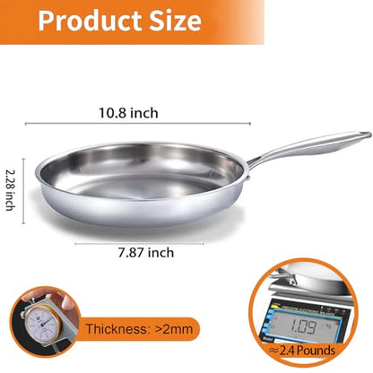 DELARLO Full Clad Tri-Ply Stainless Steel Frying Pan 10 inch, All Stove Compatible Up to 600℉, Heavy Duty, Oven Safe Skillet, 18/10 Cooking Pan, Chef's Pan for Kitchen, Omelette Pan, Flat Bottom