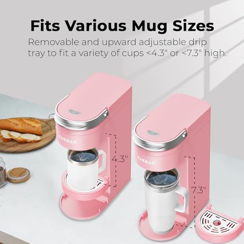 CHULUX Slim Single Serve Coffee Maker for K Pods, One Cup Coffee Maker Fits 7.3" Travel Mugs, Coffee Machine with 6 to 12oz Brew Sizes, Salmon Pink
