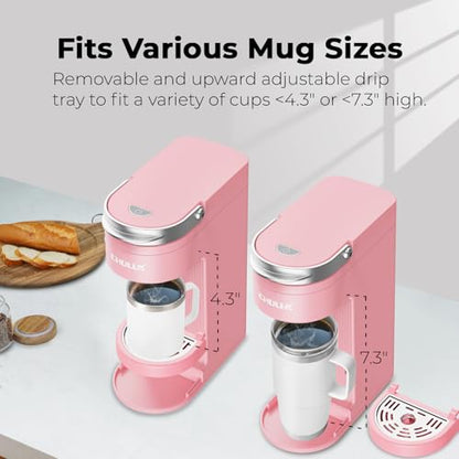 CHULUX Slim Single Serve Coffee Maker for K Pods, One Cup Coffee Maker Fits 7.3" Travel Mugs, Coffee Machine with 6 to 12oz Brew Sizes, Salmon Pink