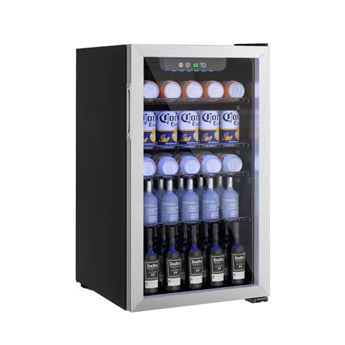 Erivess Beverage Refrigerator and Cooler, 110 Can/3.1 Cu Ft Mini Fridge with Glass Door, Adjustable Shelves for Soda,Bee,Wine, Free Standing Small Refrigerator, Digital Display, for Home, Bar, Office