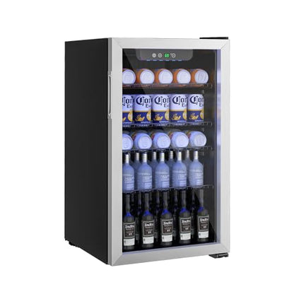 Erivess Beverage Refrigerator and Cooler, 110 Can/3.1 Cu Ft Mini Fridge with Glass Door, Adjustable Shelves for Soda,Bee,Wine, Free Standing Small Refrigerator, Digital Display, for Home, Bar, Office