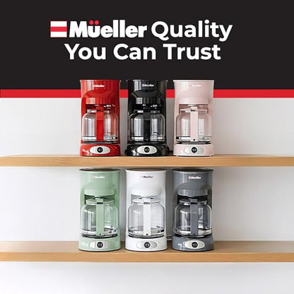 Mueller 12-Cup Drip Coffee Maker - Borosilicate Carafe, Auto-Off, Reusable Filter, Anti-Drip, Keep-Warm Function, Clear Water Level Window Coffee Machine, Kitchen Essentials & Accessories