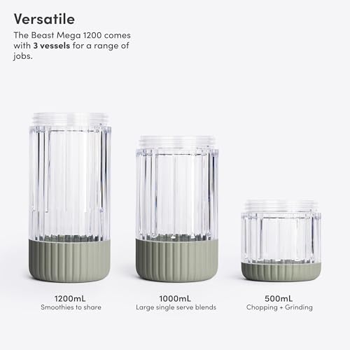 Beast Mega 1200 Plus | Premium Countertop Blender | Smoothies, Shakes, Sauces, Dips, Soups | Blends Ice and Frozen Fruit | XL Vessel | With Extra Vessels, Straw System | 1200W | (Sage, 120V)