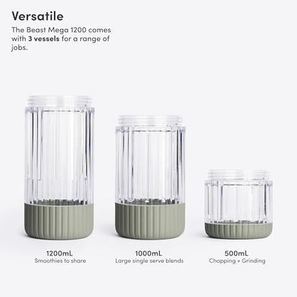 Beast Mega 1200 Plus | Premium Countertop Blender | Smoothies, Shakes, Sauces, Dips, Soups | Blends Ice and Frozen Fruit | XL Vessel | With Extra Vessels, Straw System | 1200W | (Sage, 120V)