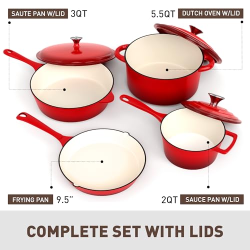 MAISON ARTS 7 Piece Enameled Cast Iron Cookware Set, Heavy Duty Induction Dutch Ovens Pot with Lid, Red Non Toxic Pots and Pans Sets, PFOA-PFOS Free