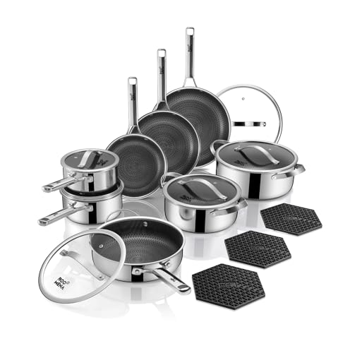 Pots and Pans Set Hybrid Stainless Steel, 17PC Nonstick Tri-Ply Cookware Set w/Frying pan, Dishwasher & Oven Safe, PFOA-Free, Metal Utensil Safe, Suitable for All Cooktops