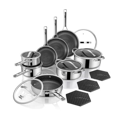 Pots and Pans Set Hybrid Stainless Steel, 17PC Nonstick Tri-Ply Cookware Set w/Frying pan, Dishwasher & Oven Safe, PFOA-Free, Metal Utensil Safe, Suitable for All Cooktops