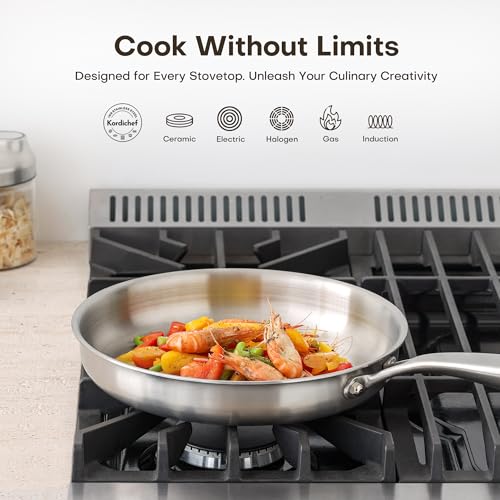 Kordichef 10 Inch Stainless Steel Frying Pan with Lid, Tri-Ply Healthy Stainless Steel Cookware, Pan, Skillet on Induction, Ceramic and Gas Cooktops, PFOA Free Cooking Pan, Dishwasher Safe