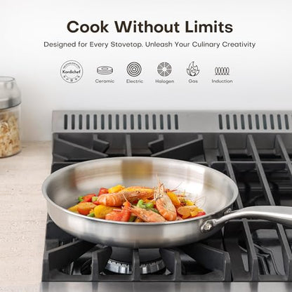 Kordichef 10 Inch Stainless Steel Frying Pan with Lid, Tri-Ply Healthy Stainless Steel Cookware, Pan, Skillet on Induction, Ceramic and Gas Cooktops, PFOA Free Cooking Pan, Dishwasher Safe