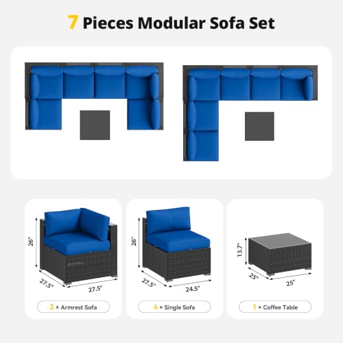 Aoxun Patio Furniture Set, 7 Piece Outdoor Sectional Sofas with Think Cushions, Wicker Rattan Outdoor Furniture Patio Conversation Set for Backyard, Garden Navy Blue