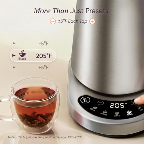 Cosori Electric Kettle, Plastic-Free Interior, 5 Presets ±5℉ Temperature Control, Fast Boiling, 2 Lid Opening, 60Min Keep Warm, Stainless Steel Tea Kettle for Tea, Hot Water, Boil Water, Coffee, 1.7L