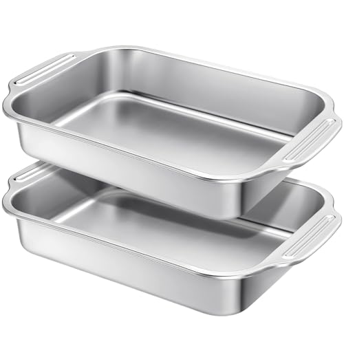 Funnymoom 2 Pcs Stainless Steel Cake Pan 15 x 10 Inch Baking Pan with Handle Rectangle Baking Bakeware for Fish Cakes Breads Casseroles Vegetables Dishwasher Safe