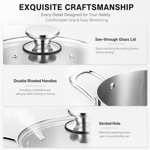TeamFar 8 Quart Stock Pot, Stainless Steel Tri-ply Stockpot Pasta Cooking Pot with Glass Lid, for Induction Electric Gas Ceramic Stoves, Toxic Free & Heavy Duty, Double Handles & Dishwasher Safe
