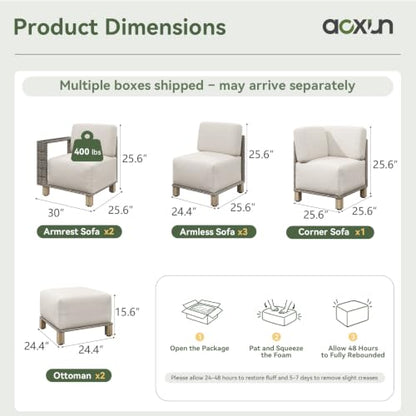 Aoxun Patio Furniture Set with 10'' Thick Cushions (8 Piece, Gray/Beige)