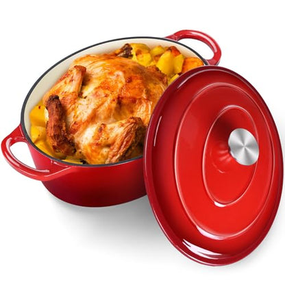 P&P CHEF Oval Dutch Oven with Lid, Enameled Cast Dutch Oven Pot for Bread Baking, Braising, Stewing, Roasting, Non-Stick & Oven Safe, Dual Handles & Easy Clean, 7QT & Red, Valentine's Day