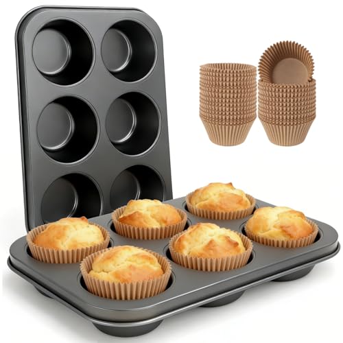 Artcochan 2 Pack Muffin Pan with 50 Cupcake Liners, Extra Large 6 Cup Nonstick Carbon Steel Cupcake Pan,Jumbo Muffin Tin for Baking Supplies