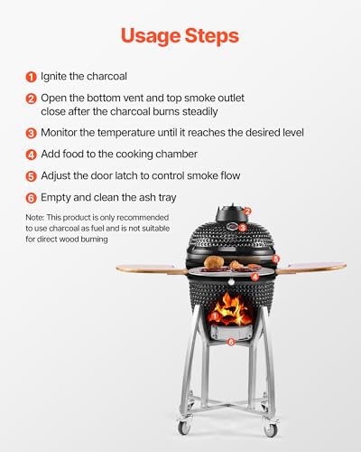 VEVOR Charcoal Smoker and Grill, 18" Kamado Charcoal BBQ Smoker, Movable Ceramic Barbecue Grill with 4 Wheels (2 Lockable), Built-in Thermometer, Air Vents & Side Shelf for Outdoor Patio Yard Cooking