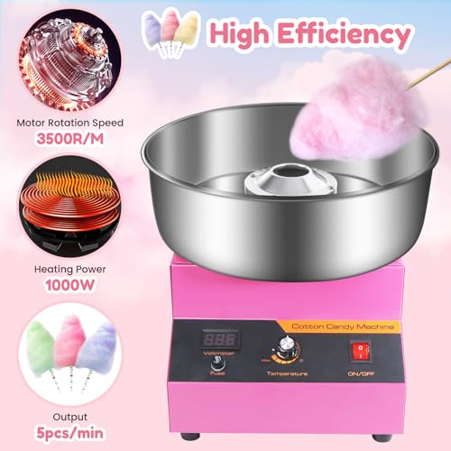 Cotton Candy Machine Commercial, Ajgvq Upgraded 1000W Efficiently Cotton Candy Maker with Stainless Steel Bowl, Bowl Cover, Sugar Scoop, Easy & Safe to Use, Candy Floss Maker for Home, Party, Festival