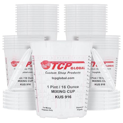 Custom Shop Paint Mixing Cups, 16-Ounce (Box of 36) - Plastic Measuring Cups for Liquids, Automotive Painting, Epoxy Resin, Acrylic Arts, Crafts, Disposable or Reusable, Graduated, Mixing Ratios